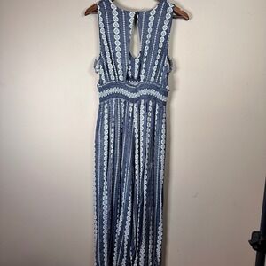 Hem & Thread Blue‎ White Geometric Print Smocked Waist Maxi Jumpsuit Size L